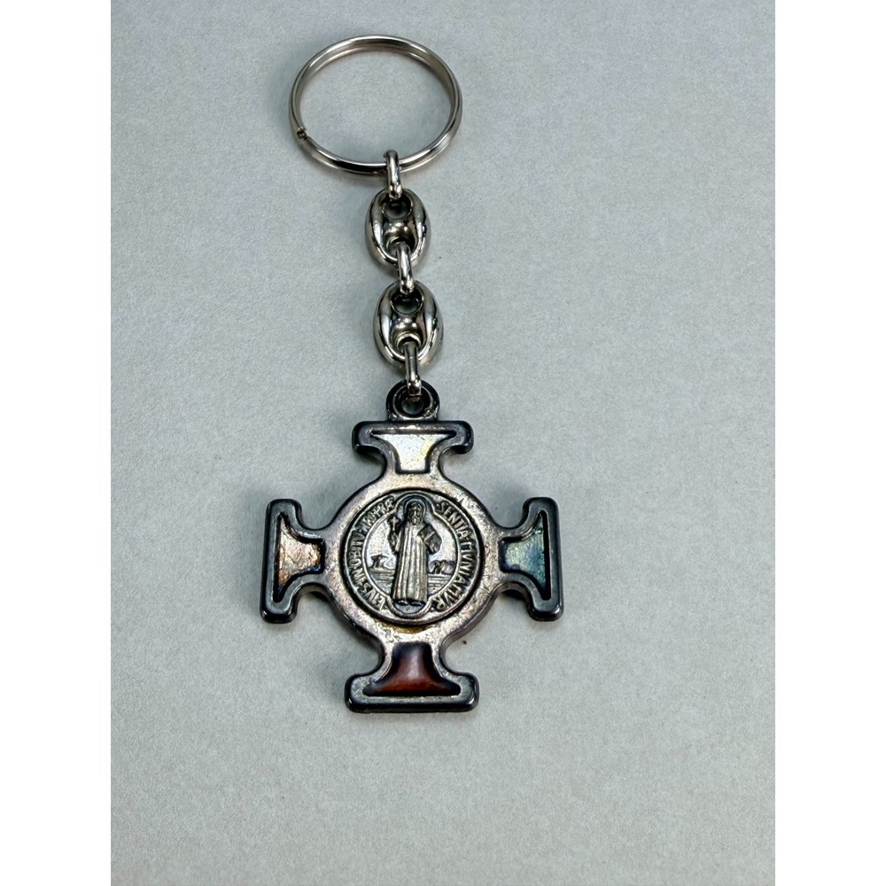 Saint Benedict Cross Keychain Silver Tone Religious Medal Catholic Key Ring